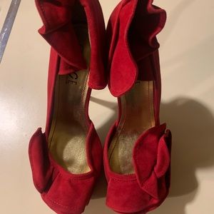 Women’s red suede like heels with platform 
Peep toe, Size 8